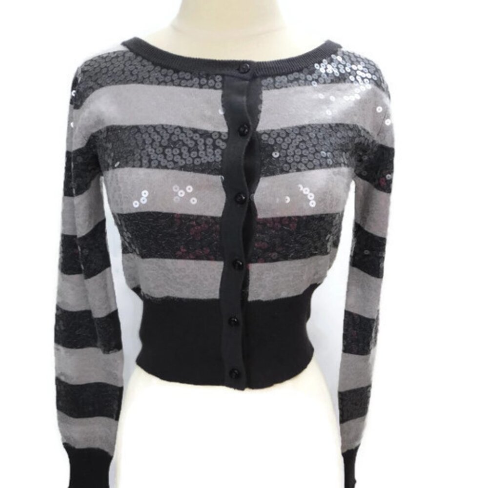 LaLa Lame Cropped Cardigan Size Small Gray Black Stripes Sequins